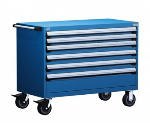 Rolling tool cabinet with 6 drawers, blue steel construction, lockable wheels, industrial mobile tool storage